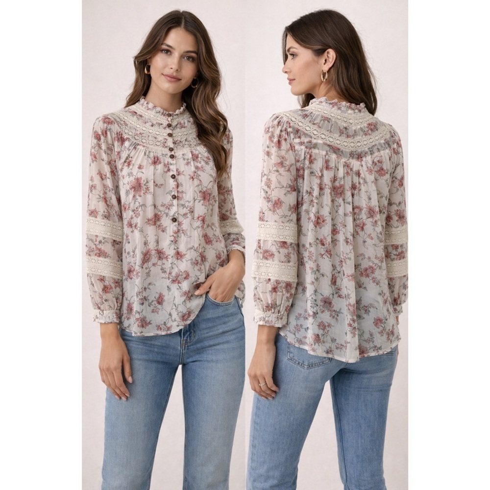 Anthropologie Lace Yoke Floral Blouse Victorian High Neck‎ Sheer Romantic XS